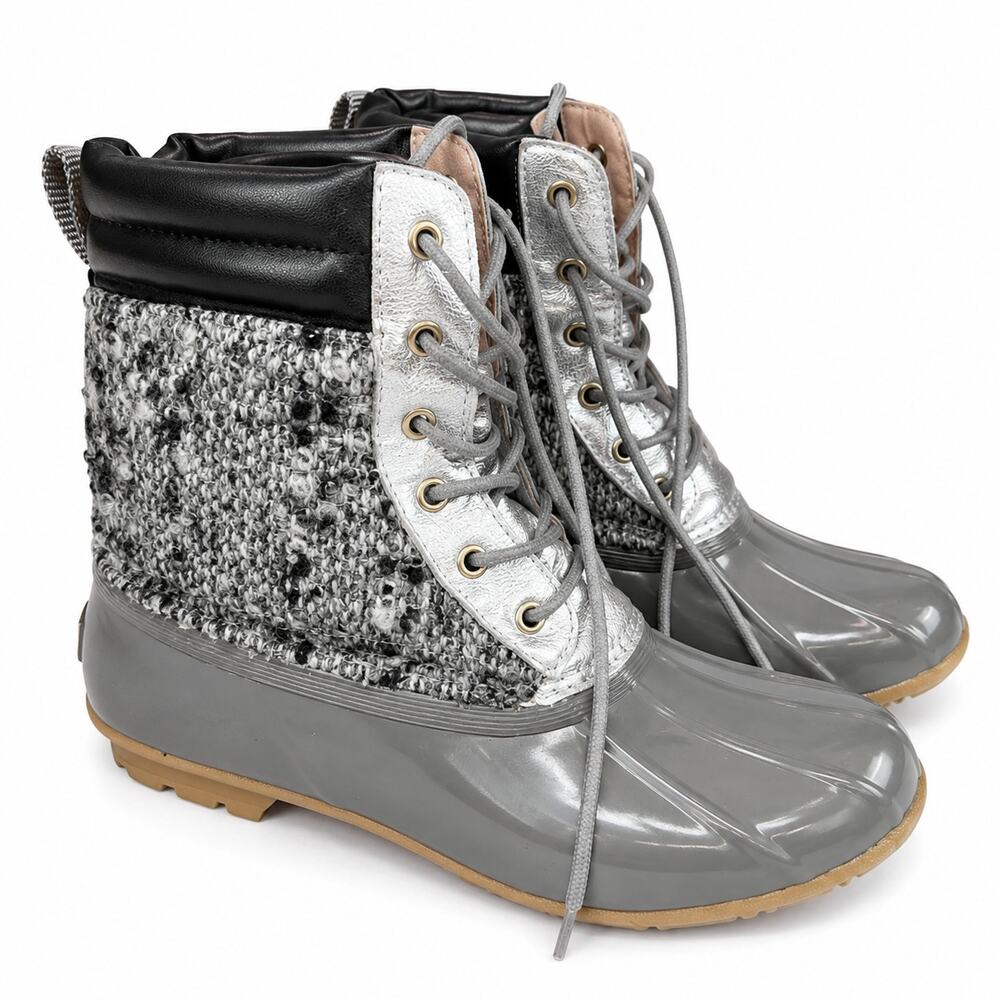 Sam Edelman Rain Boots Women's 8 Gray Silver Duck Boots Lace Up Tweed Waterproof